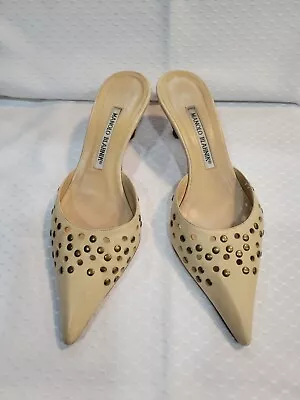 Manolo Blahnik Studded Mules Balu Beige Perforated Leather Size 36.5 Kitten Heel • $95