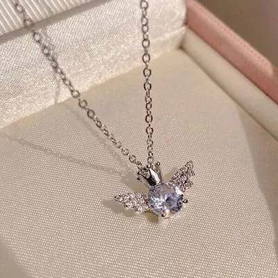 925 Silver Angel Wings Crystal Pendant Chain Necklace Women Jewelry Party Choker • $3.61