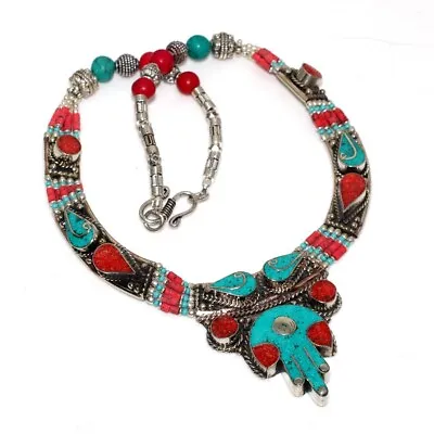 Tibetan Turquoise Red Coral Ethnic Gemstone Tribal Necklace Jewelry 16  GW • $17.99