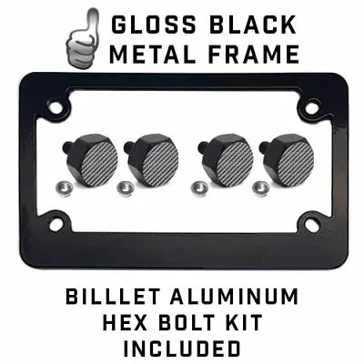 Black Metal License Plate Frame & Hex Tag Bolt Kit - CARBON FIBER PRINTED GY • $13.25