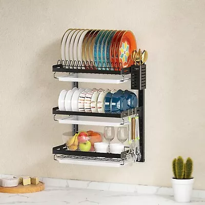 Wall Mounted Dish Drying Rack 3 Tier Stainless Steel With Cutlery Holder Durable • $99.99