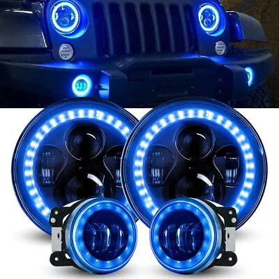 $119.88 • Buy Blue Halo 7 Inch LED Headlights 4  Fog Light Combo Kit For Jeep Wrangler JK JKU