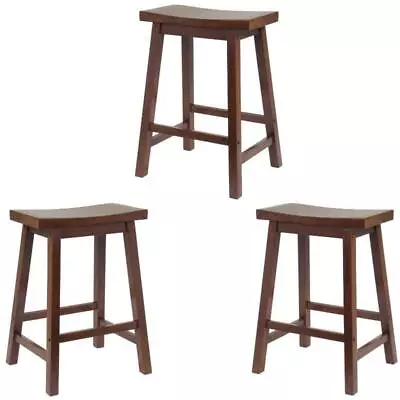 Home Square 3 Piece Solid Wood Saddle Seat Counter Stool Set In Antique Walnut • $164