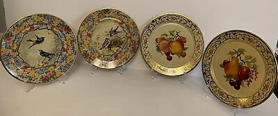 Daher Metal Plates Decorated Ware 8 Inch Holland Floral Bird Fruit Gold Lot Of 4 • $24.97