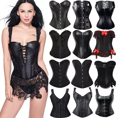 Boned Overbust Black Corset Women Burlesque Basque Top Lace-Up Costume Size 6-24 • $34.27