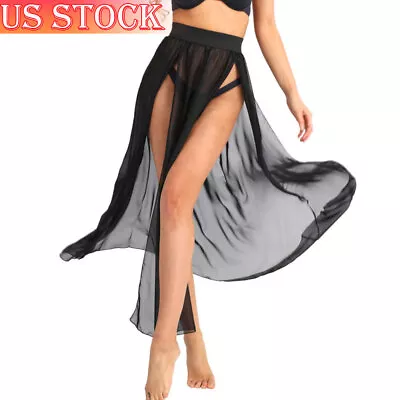 US Women's Sheer Sexy Long Side Slit Skirt Flowy Maxi Beach Wrap Skirts Cover Up • $7.51