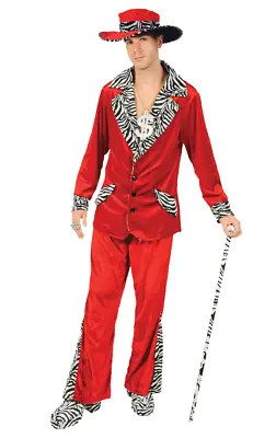 Orion Costumes Mens 70s Red Velvet Pimp Suit And Gangster Hat Novelty Fancy • £52.99