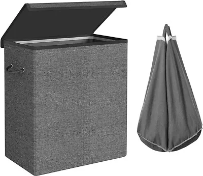 SONGMICS Laundry Basket With Lid 142L With 2 Compartments With Handles - Grey • £17.99