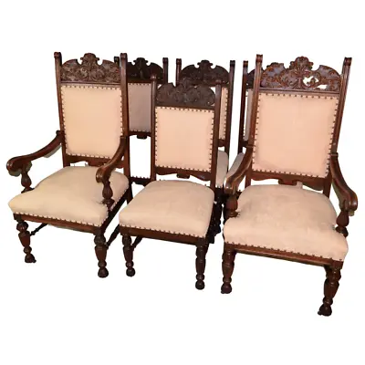 Antique Oak Dining Chairs 6 Victorian Oak Dining Chairs ATR Horner #21198 • $2450