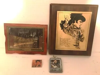 Elvis Presley Memorabilia Lot Of A Pin Key Chain Two Plaques And A Tote Bag • $14.99