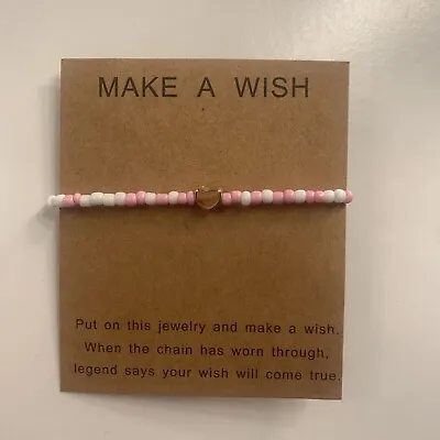 Handmade Seed Bead Bracelet Make A Wish Pink And White Heart • £1