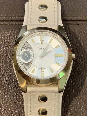 Fossil Twist Quartz With Mechanical Gold-Tone Steel White Leather Cuff Watch • $63