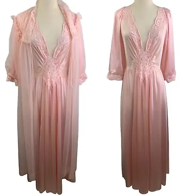 Vintage 1960s Olga Nightgown Peignoir Grand Sweep Set Sz L Pink Chiffon Lace • $168