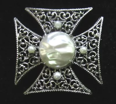 Maltese Cross Pin Brooch With Faux Pearls And Silver Tone Setting Vintage 1960's • $24.95