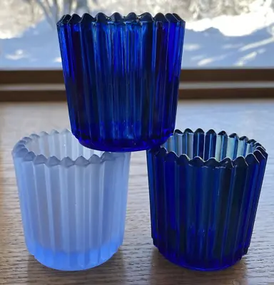 Lot Of 3 Ribbed Vintage Indiana Glass Votive Candle Holders Blue Frosted • $13.45