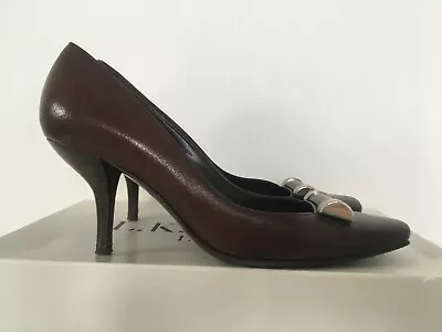 £20 • Buy SERGIO ROSSI Italy Brown Leather 60s Style Kitten Heel Shoes Sz 36.5 (3.5) Mod