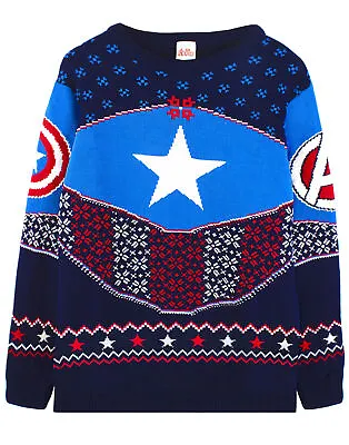 Marvel Captain America Christmas Jumper Shield Blue/Red Knitted Sweater • $37.29