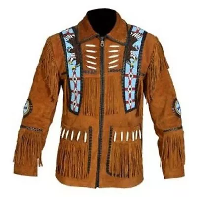 Men's Traditional Western Cowboy Leather Jacket Coat With Fringes Beads And Bone • $119.99