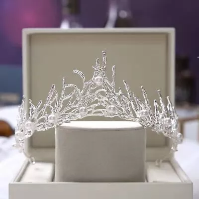 White Leaves Pearl Crystal Adult Tiara Crown Wedding Prom Queen 6cm High Silver • £10.99