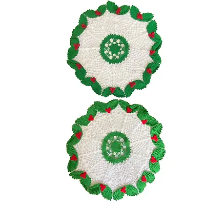 Christmas Vintage Crochet Doilies Holly Edge Red White Green 12 Inches Lot Of 2 • $20