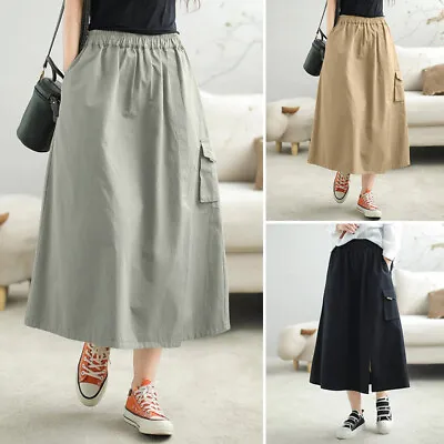 UK Womens Elastic Waist Cargo Skirt Side Pockets A-Line Skirts Slit Hem Dress • £15.99