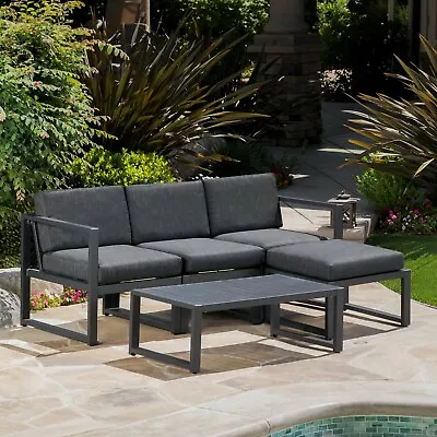 Nealie Modern Outdoor Dark Gray Aluminum Sectional Sofa Set With Black Cushions • $308.88