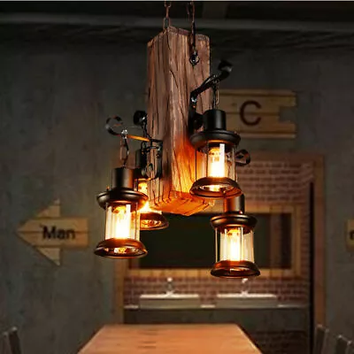 4-Head Rustic Country Chandelier Industrial Wood Pendant Light Hanging Lighting# • $76.50