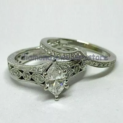 Vintage Design 3Ct White Marquise Cut CZ Wedding Bridal Ring Band Set 925 Silver • $123.25