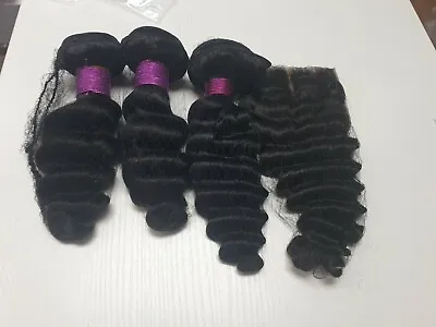 12AA MONGOLIAN VIRGIN HUMAN HAIR DEEP WAVES 10+10+10&10INCH 4X4 CLOSURE 1B# 350g • $197.88