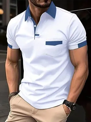 Polo T Shirt Button Up Collar Solid Aqua White Blue Solid Golf Men's Fashion Tee • $25.86