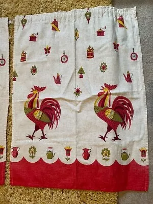 Vtg 1950's Kitchen Curtains MCM Roosters Teapots Red 2 Panels • $30