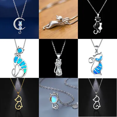 Women Moonstone Cat Pendant Chain Necklace 925 Silver Jewellery Couples Gift Lot • $1.87