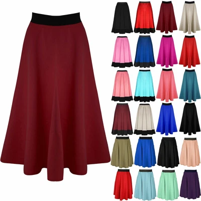 £4.49 • Buy New Womens Ladies Mid Length Scuba Stretchy Flared Skater Swing Long Midi Skirt