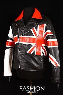 Men's Union Jack Biker Leather Jacket BRANDO BRITISH FLAG Cowhide Smart Jacket • £90.87