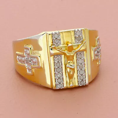 Sterling Silver 18k Gold Plate Mens 1/10ctw Diamond Crucifix Cross Ring Size 11 • $120