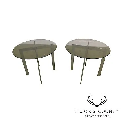 Milo Baughman Style Mid Century Pair Chrome Base Round Smoked Glass Side Tables • $695