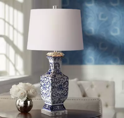 Iris Vintage Asian Chinese Style Table Lamp 28  Tall Porcelain Blue Floral Jar • $187.45