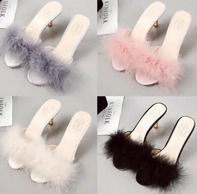 Ladies Fluffy Fur Stiletto Med Heel Sandals Mules Slippers Peep Toe Party Heels❗ • £18.71