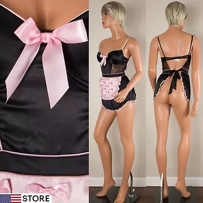 💖 VICTORIA SECRET 36B Maid Apron Babydoll Black Pink Satin Light Padded Wired • $49.99