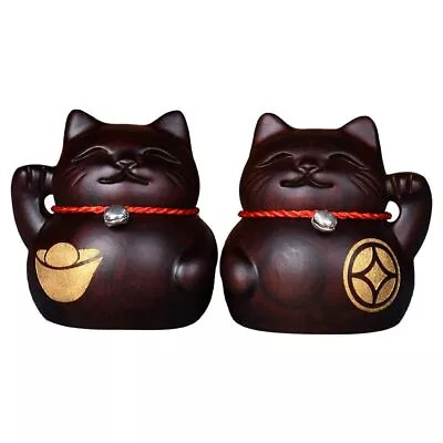 Cute Lucky Cat StatueMini Maneki Neko Set - 2 Antique Black Wood CatFengshu... • $42.21