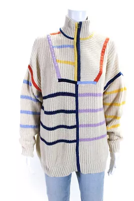 Staud Womens Quarter Zip Striped Oversized Sweater Beige Cotton Size Small • $41