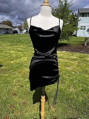 Popular 21 Black Bodycon Cocktail Cowl Neck Satin Like Ruched Mini Dress Large • $34.99