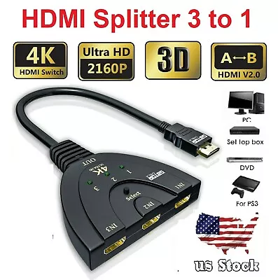 3 Port 4K HDMI 2.0 Cable 3D 3 To 1 Auto Splitter Switch Switcher 3x1 Adapter HUB • $5.56