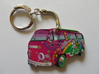 Funky Love & Peace Pink Vw Camper Van Keyring. New. Key Ring • £3.50