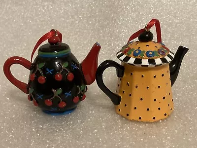 2 Vintage Mary Engelbreit Miniature Teapot Ornaments Cherries Polkadots • $17