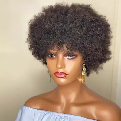 Mongolian Afro Kinky Curly Human Hair Wig Full Machine Made Short 4C Glueless • $124.43