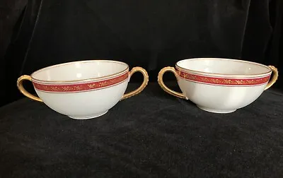 A Lanternier Limoges 2 Soup Cups No Saucers Gold Red And White • $18.99