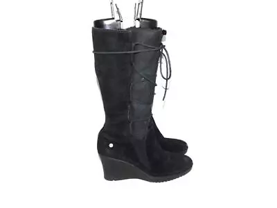 UGG Size 10 EU 41 Elsey Black Wedge Heel Tall Shearling Boots Lace Up 5596 • $44.99