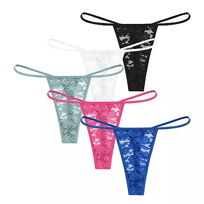 5 Pack Womens Sheer Lace Thongs Micro G-String Underwear Knickers Lingerie Panty • £6.99