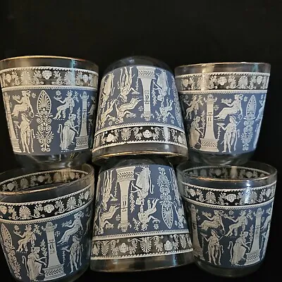 Vintage 50s Blue Corinthian Jeanette Hellenic Wedgewood Glasses Set Of 6 Rock • $32